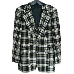 Hardy Amies of London Blazer Sport Coat. Plaid black/gray/gold/white. Sz 42R